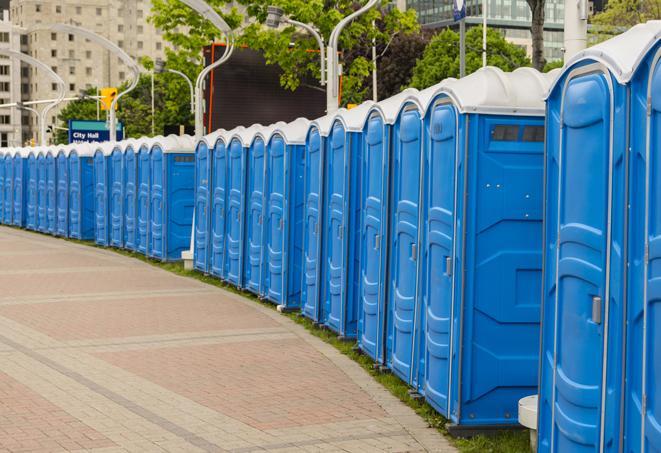 portable restrooms with sink and hand sanitizer stations, available at a festival in Desoto